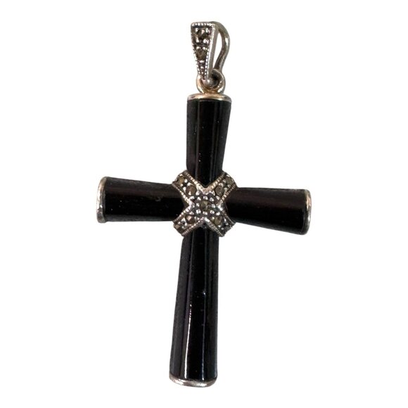 Vintage NF Sterling Silver 925 Black Onyx Marcasite Cross Pendant  Religious 2" - Picture 1 of 7